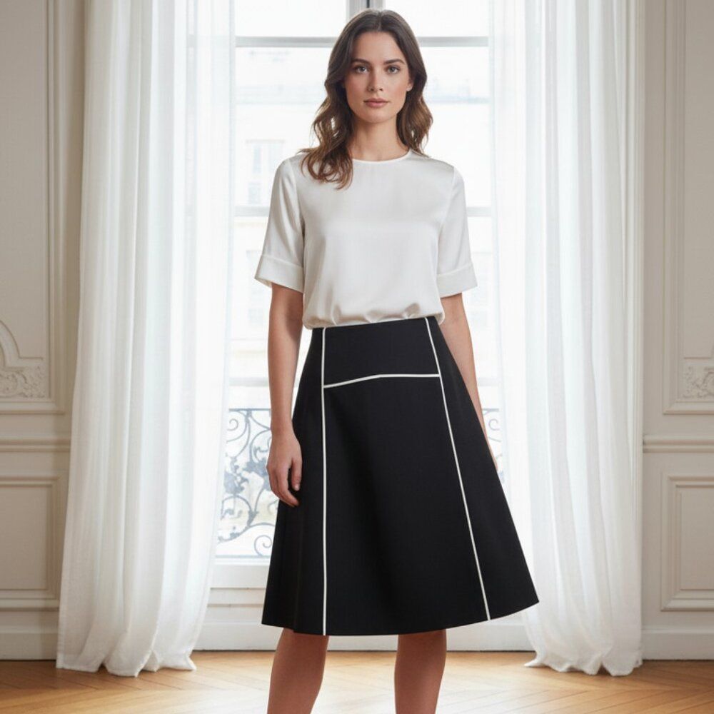 Ellen Tracy Black A-Line Skirt with White Piping - Size 12 - Professional Office